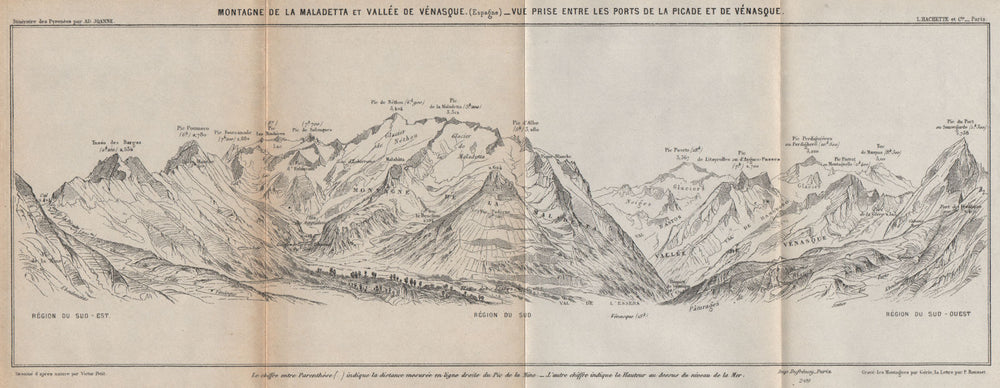 MALADETA MASSIF & BENASQUE VALLEY. Venasca Huesca Aragon. Panorama 1907 map