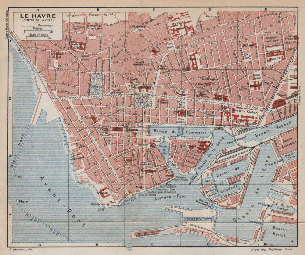 LE HAVRE. Vintage town city map plan. Seine-Maritime. Centre de la ville 1925