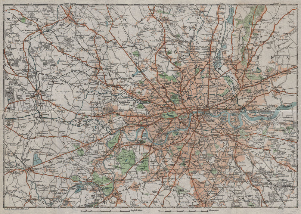 GREATER LONDON. Vintage map plan. Railways roads 1922 old antique chart
