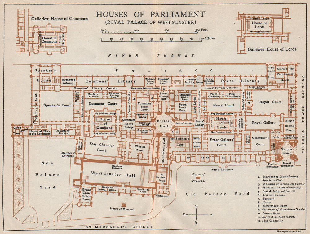 HOUSES OF PARLIAMENT (PALACE OF WESTMINSTER) . Vintage map plan. London 1922