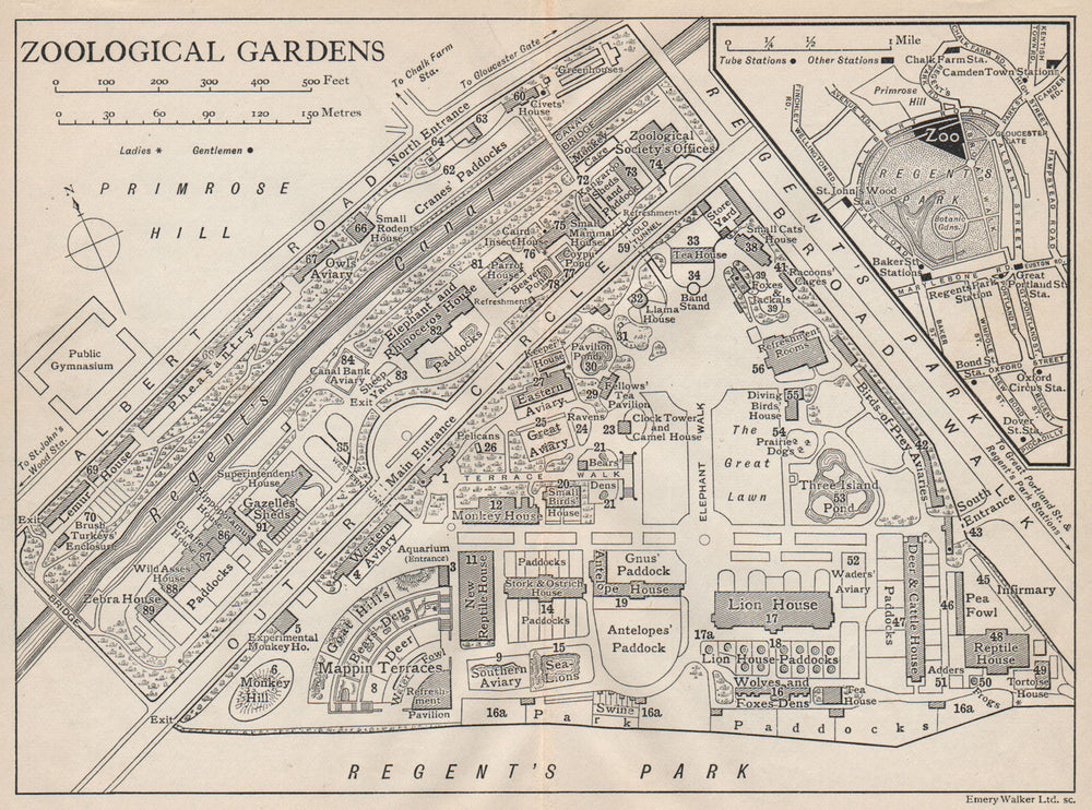 LONDON ZOOLOGICAL GARDENS. Vintage map plan. Regent's Park 1922 old