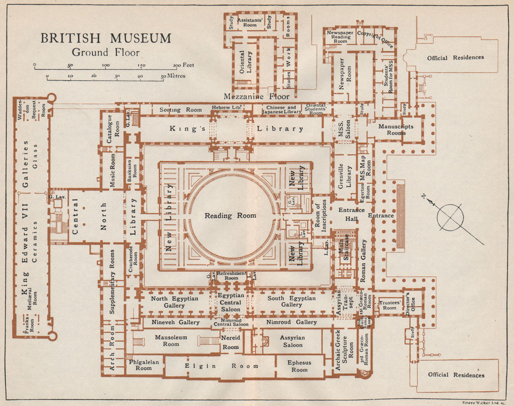 BRITISH MUSEUM. Ground floor vintage map plan. London 1922 old antique
