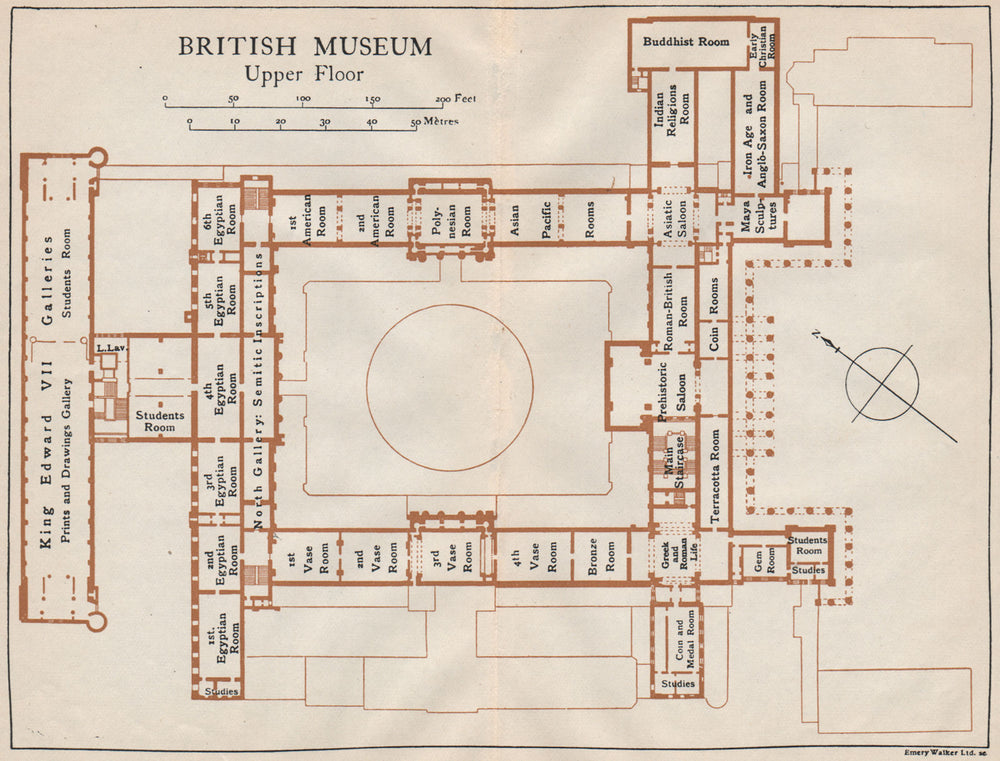 BRITISH MUSEUM. Upper floor vintage map plan. London 1922 old antique