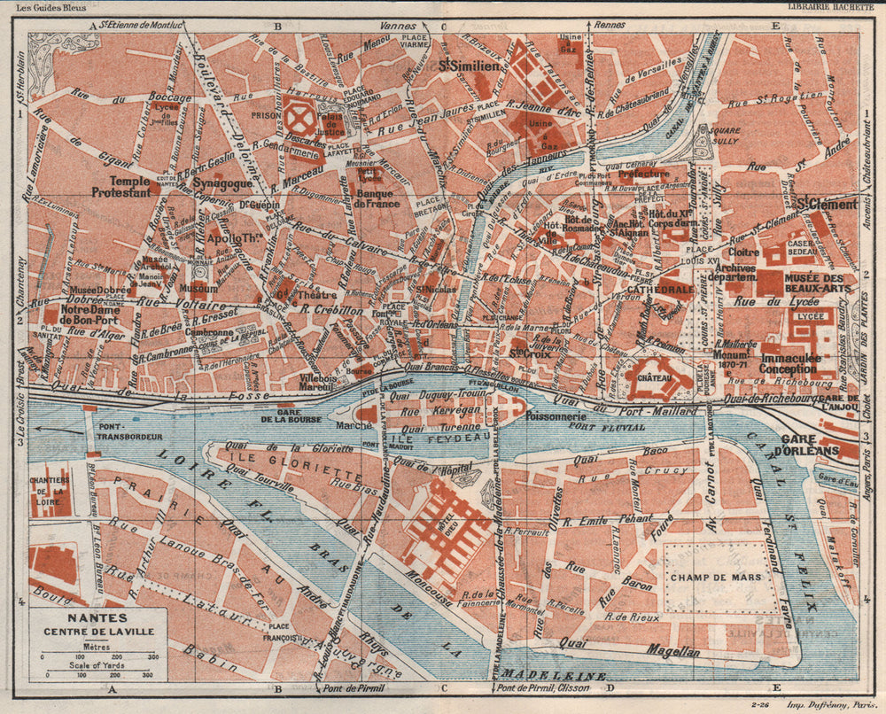 NANTES (CENTRE DE LA VILLE) . Vintage town city map plan. Loire-Atlantique 1926