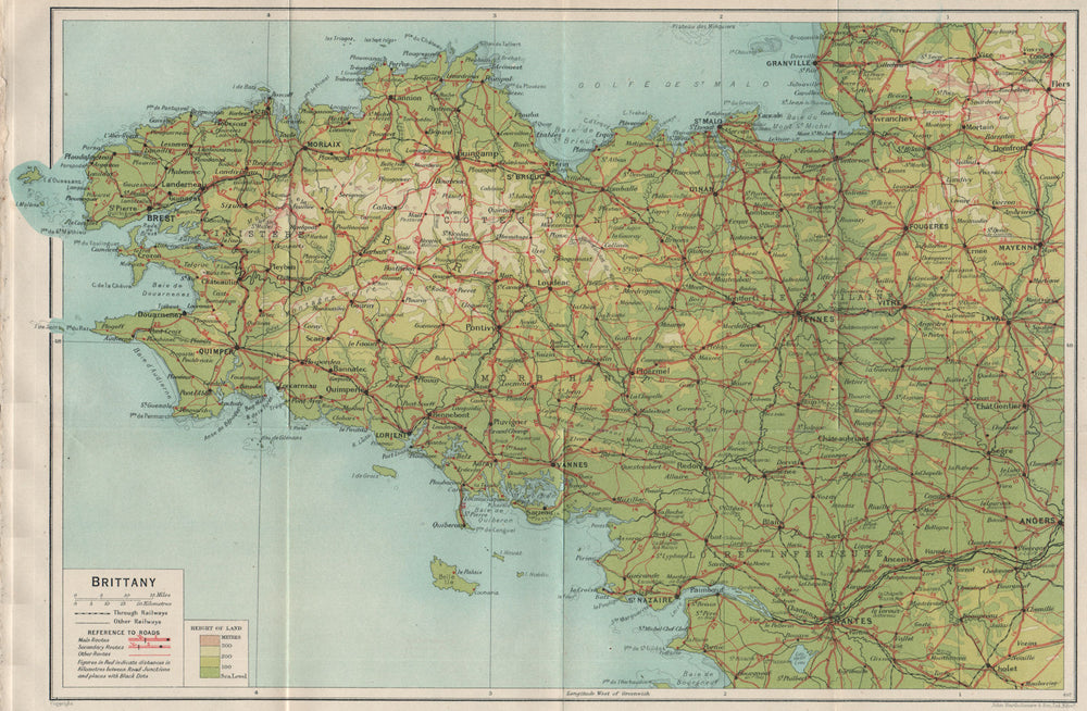 BRITTANY BRETAGNE.Roads railways.Nantes Rennes Brest Quimper St Nazaire 1926 map