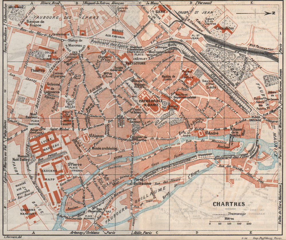 CHARTRES. Vintage town city map plan. Eure-et-Loir 1926 old vintage