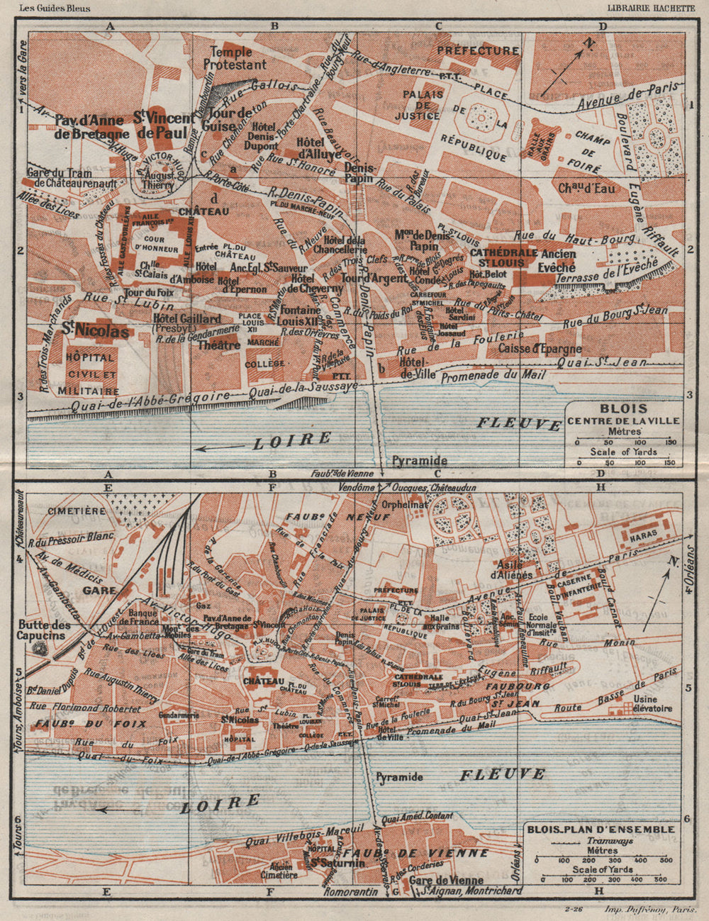 BLOIS. Centre ville & plan d'ensemble. Vintage town city map. Loir-et-Cher 1926