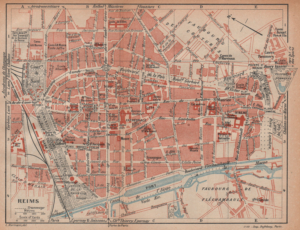 REIMS. Vintage town city ville map plan carte. Marne 1922 old antique