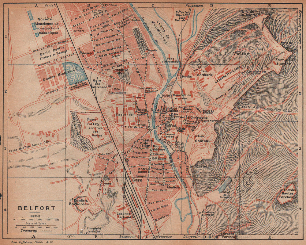 BELFORT. Vintage town city ville map plan carte. Territoire de Belfort 1922