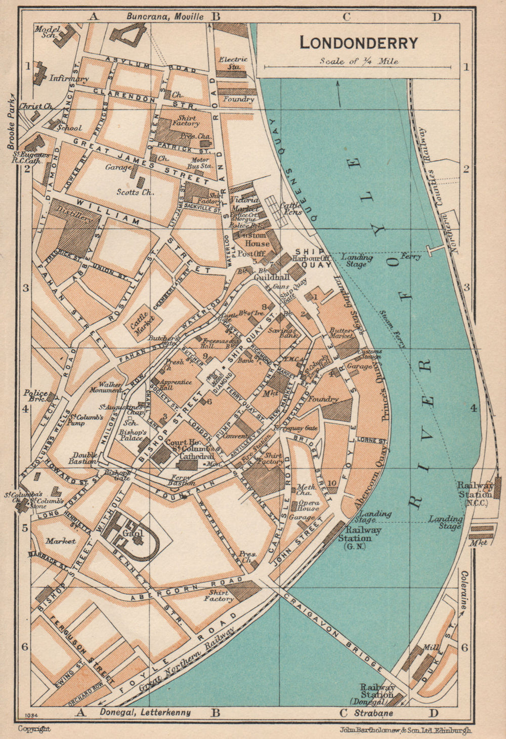 LONDONDERRY. Vintage town city map plan. Ireland 1949 old vintage chart