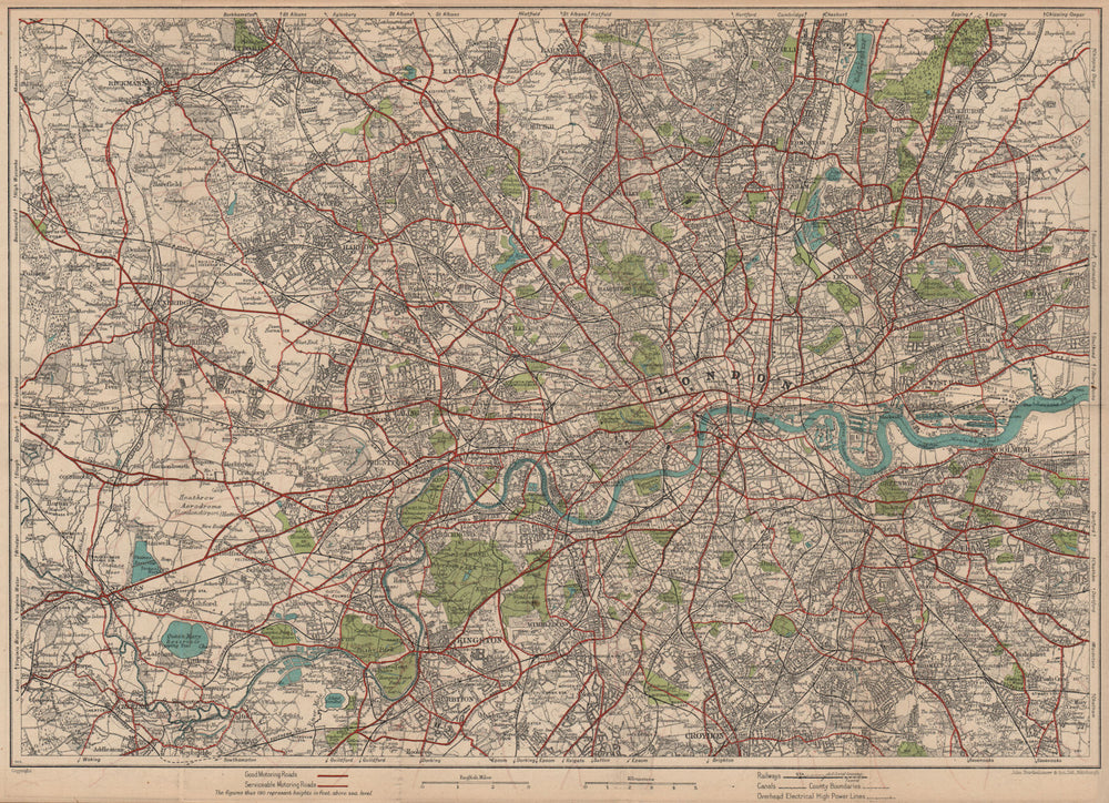 LONDON. Showing "good" & "serviceable" motoring roads. Railways 1947 old map