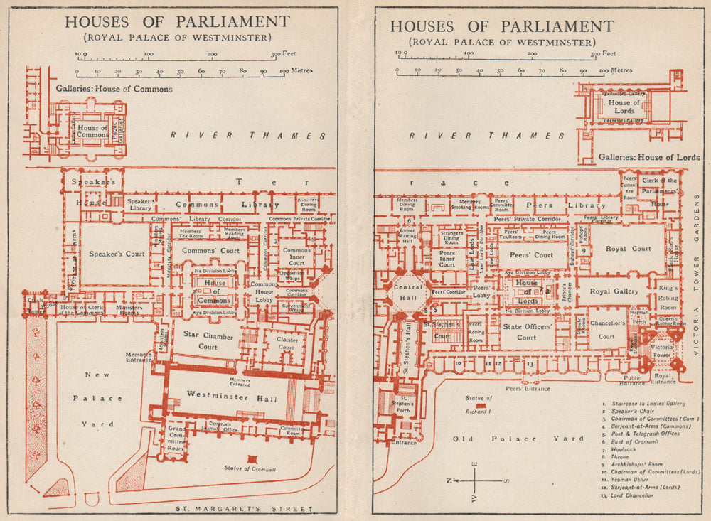 HOUSES OF PARLIAMENT (PALACE OF WESTMINSTER) . Vintage map plan. London 1947