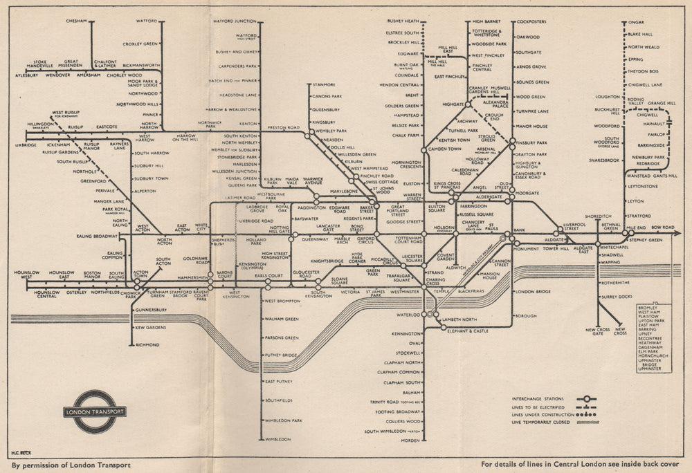 LONDON UNDERGROUND TUBE.Lines under construction,to be electrified.BECK 1947 map