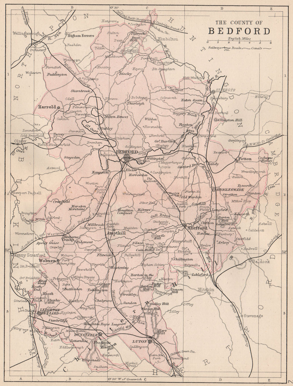 BEDFORDSHIRE. Antique county map. Railways roads canals. PHILIP 1882 old