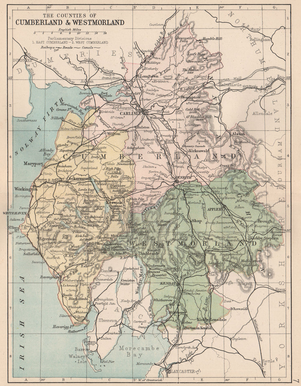 CUMBERLAND & WESTMORELAND. County map. Railways Constituencies. PHILIP 1882