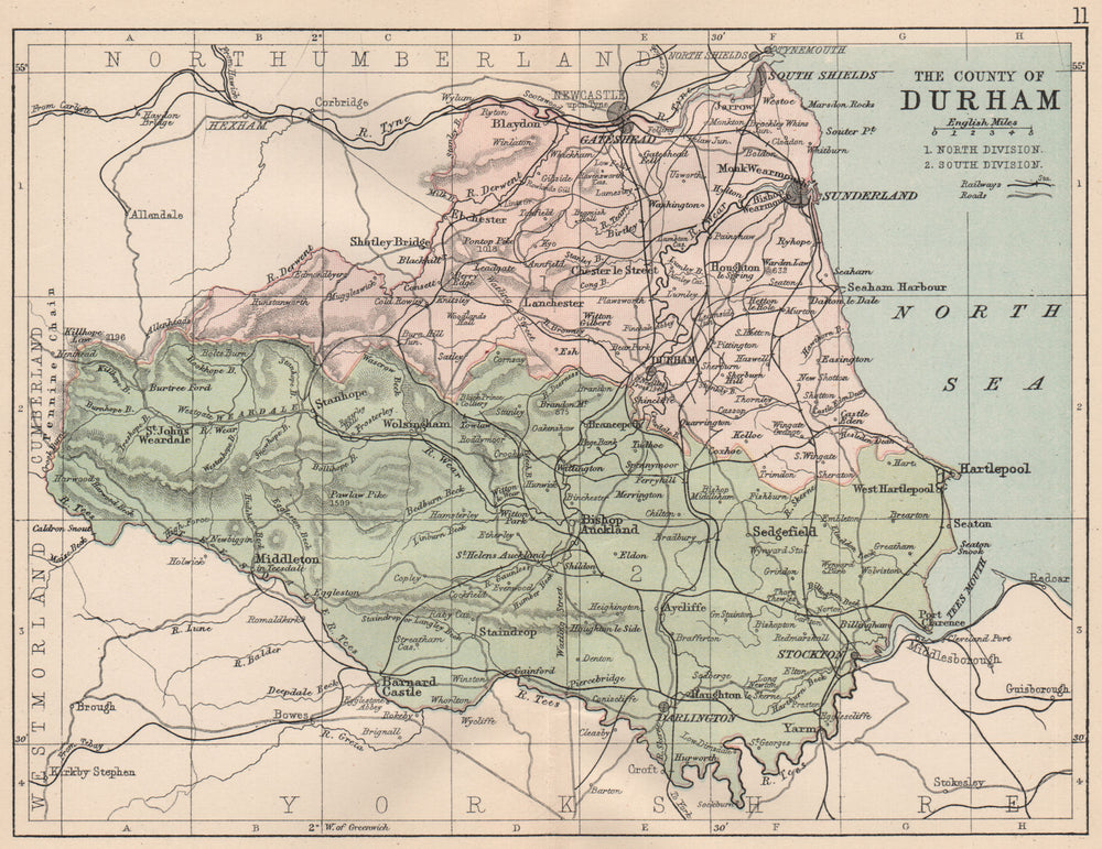 COUNTY DURHAM. Antique map. Railways roads. Constituencies. PHILIP 1882