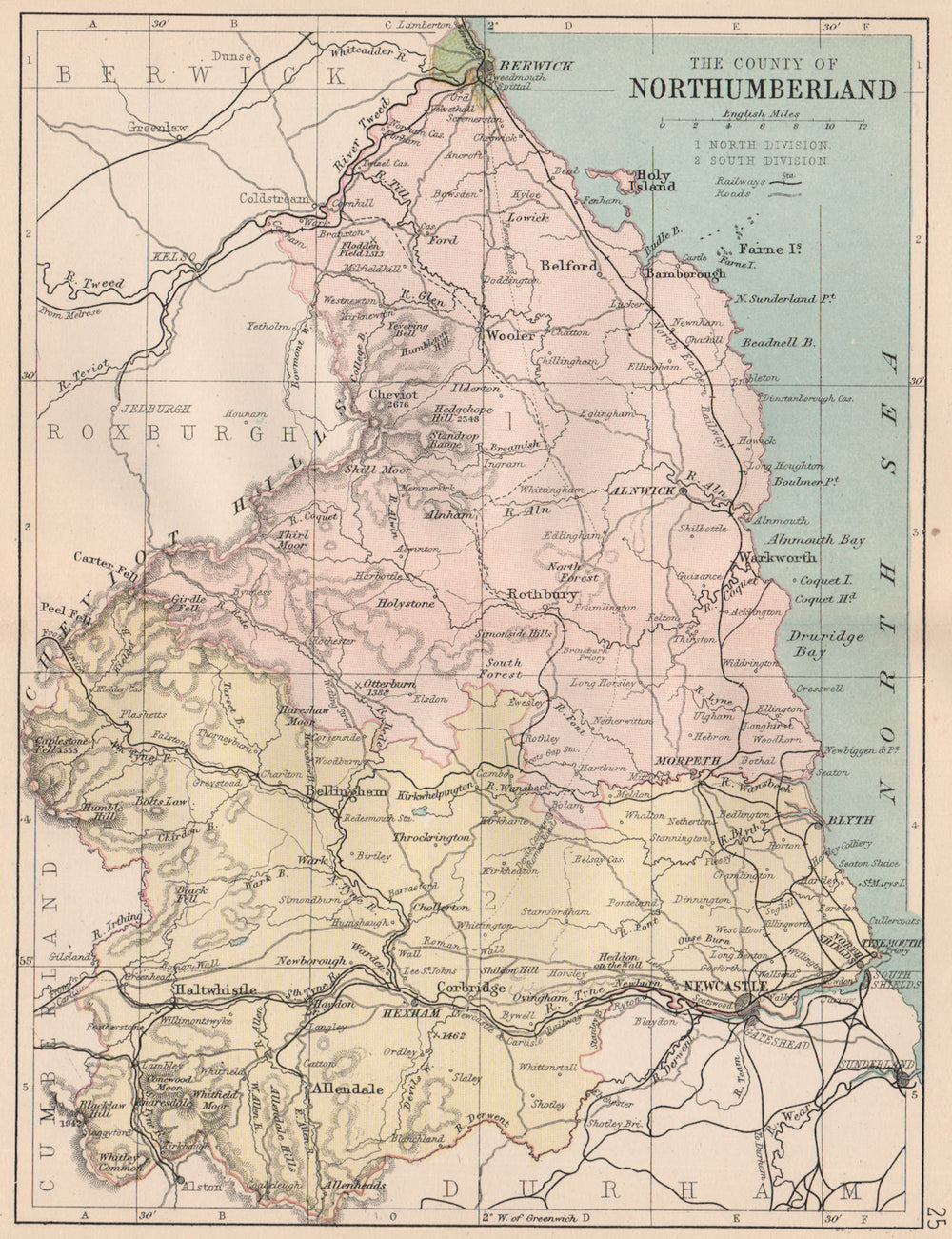 NORTHUMBERLAND. Antique county map. Railways roads. Constituencies. PHILIP 1882