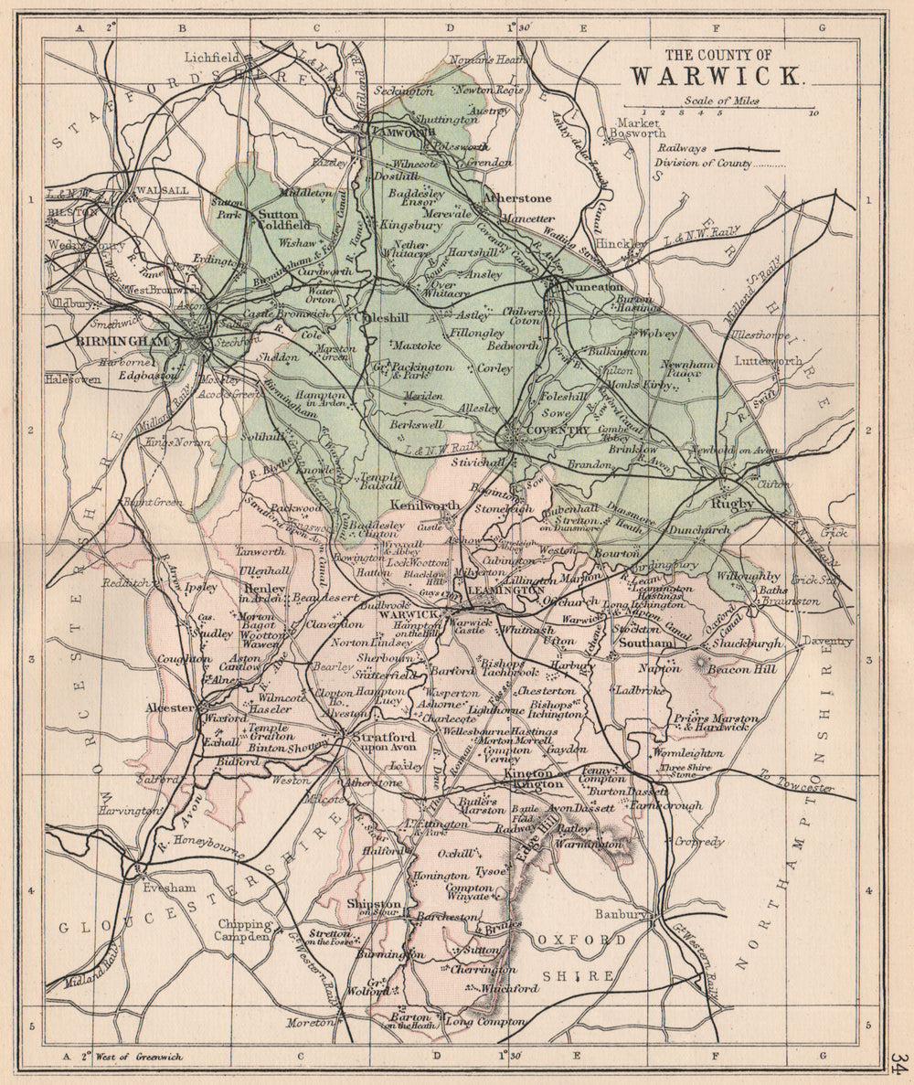 WARWICKSHIRE. Antique county map. Railways. Constituencies. PHILIP 1882