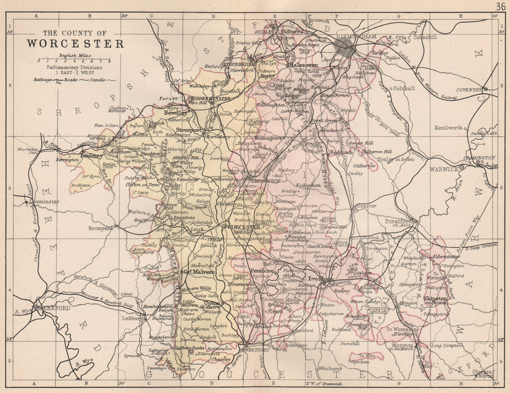 WORCESTERSHIRE. County map. Railways roads canals. Constituencies. PHILIP 1882