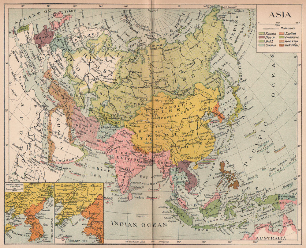 COLONIAL ASIA. East Indies &c. Inset Russian-Japanese War 1904/05 1910 old map