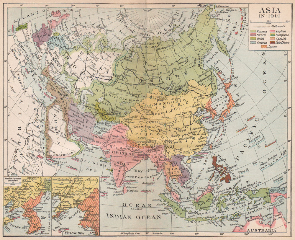 COLONIAL ASIA 1914. East Indies &c. Russian-Japanese War 1904/05 1917 old map