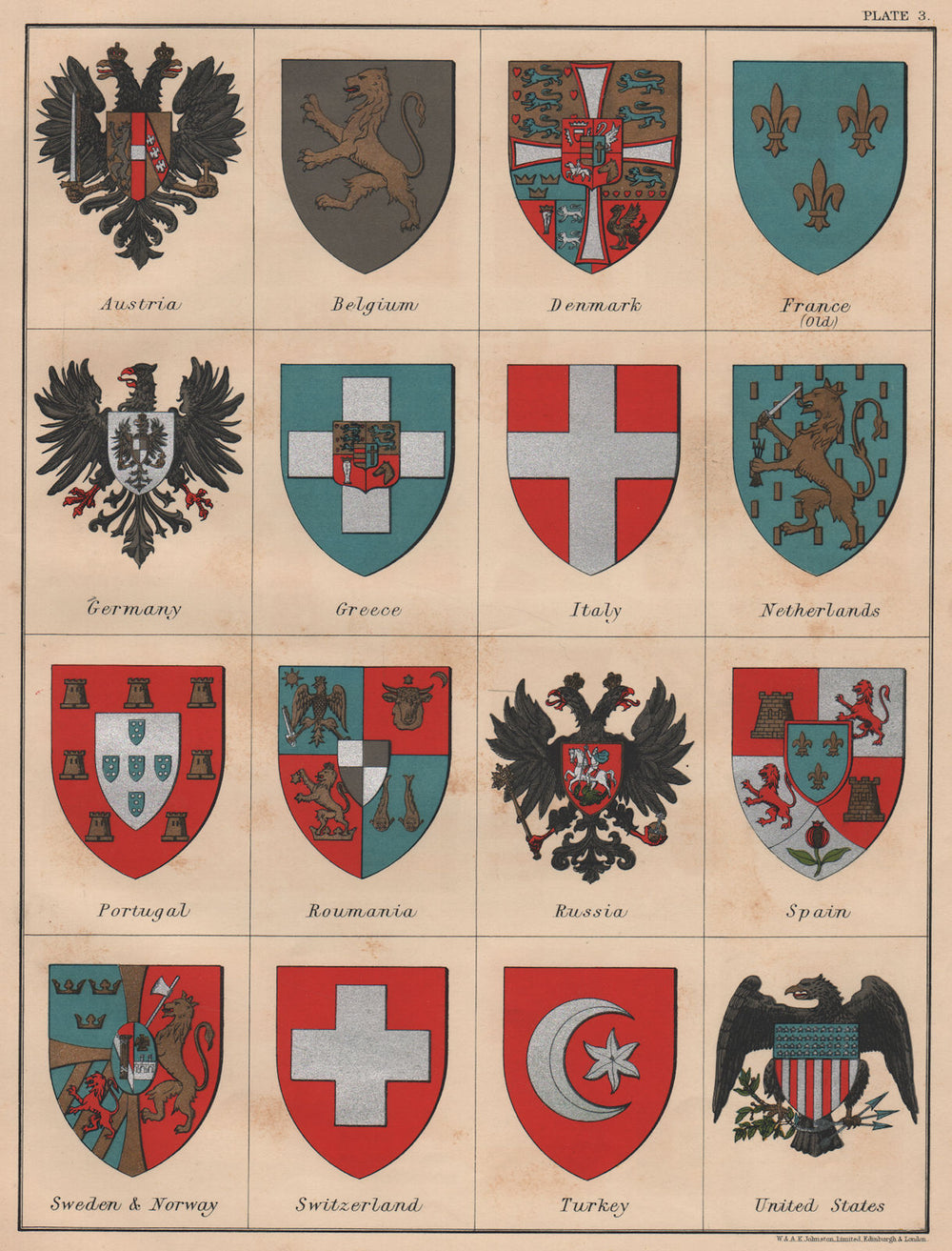 NATIONAL ARMS. Austria Russia US Spain Germany France Turkey Italy &c 1906 map