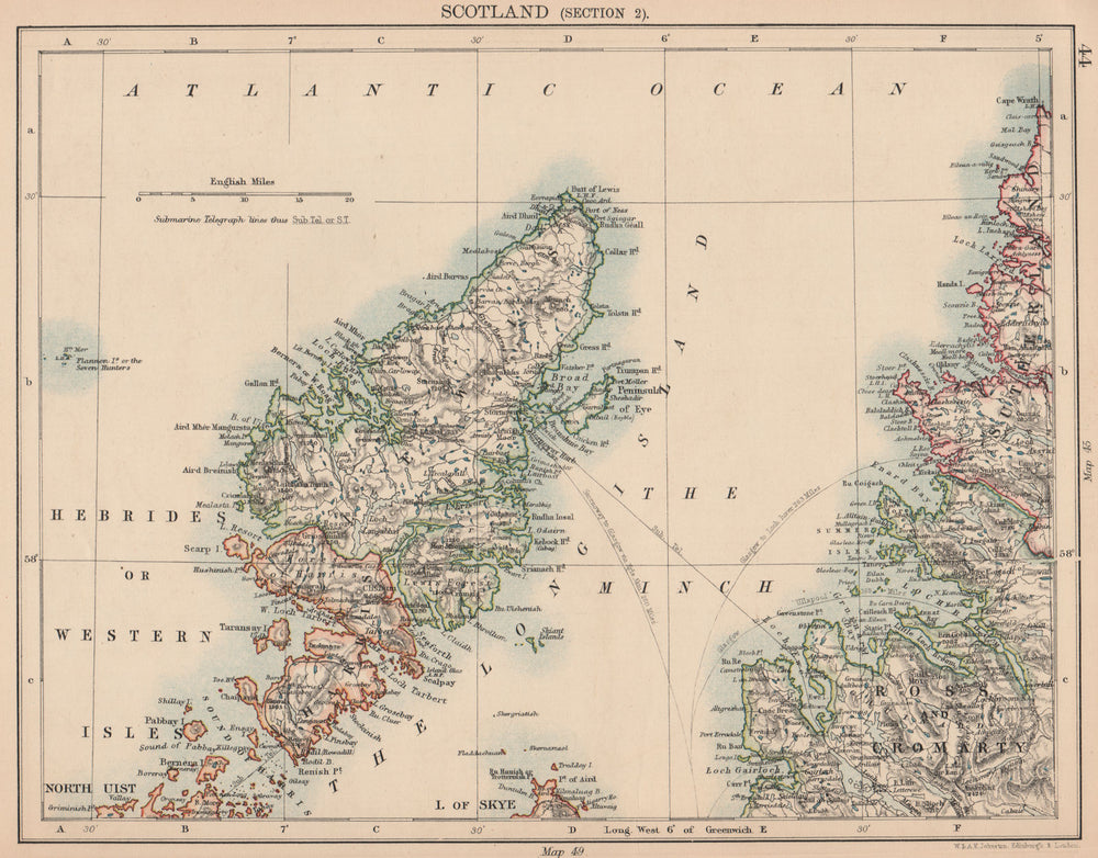 HEBRIDES W ISLES. Harris Lewis Minch Ross Cromarty. Scotland. JOHNSTON 1906 map