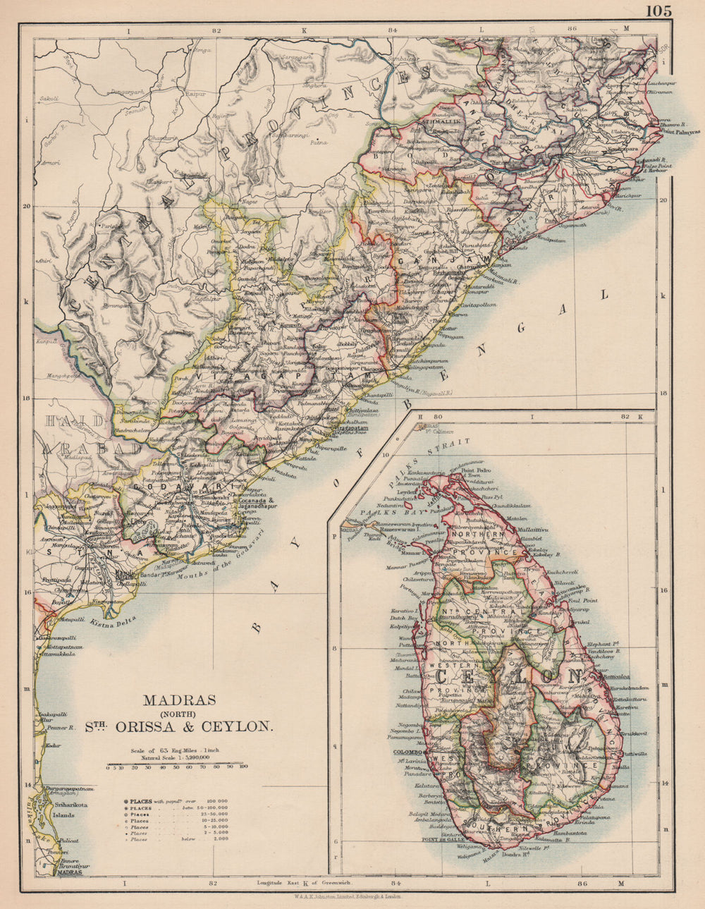 BRITISH INDIA E. Madras (Chennai) Orissa Ceylon (Sri Lanka) . Railways 1906 map