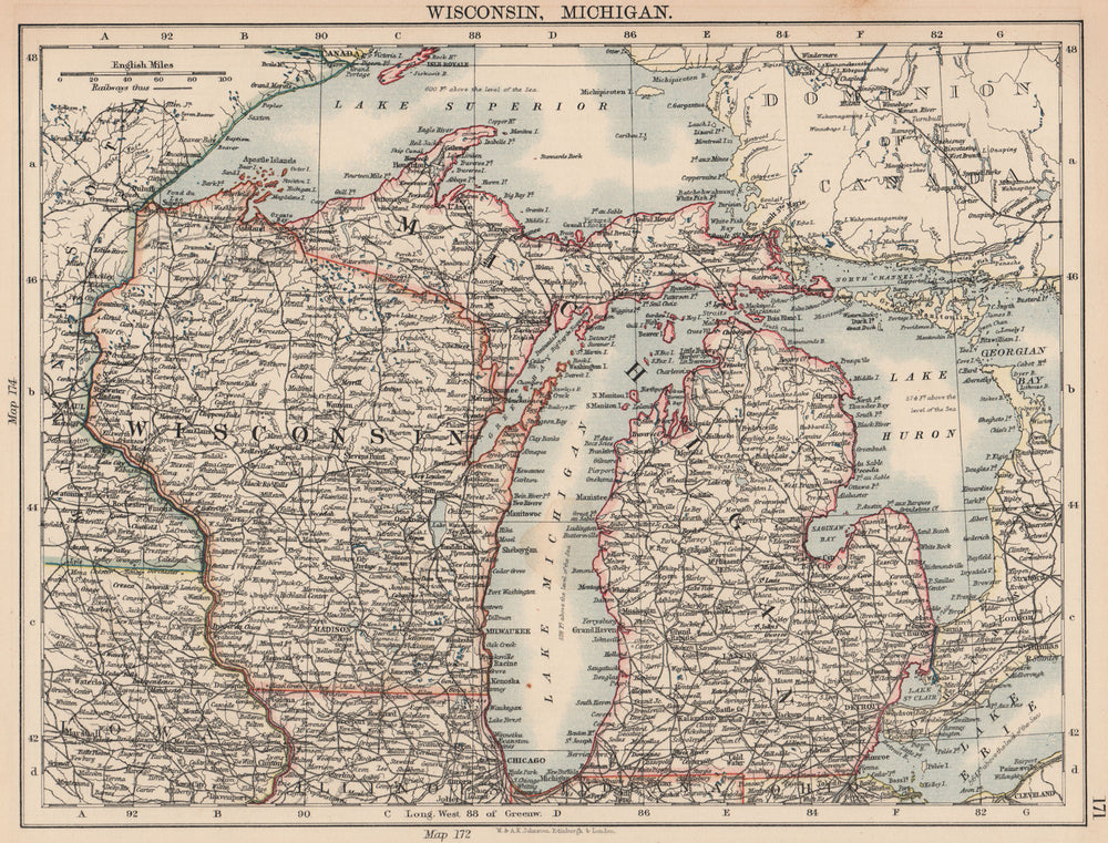 USA MIDWEST. Wisconsin Michigan. Great Lakes Superior Huron. Railroads 1906 map
