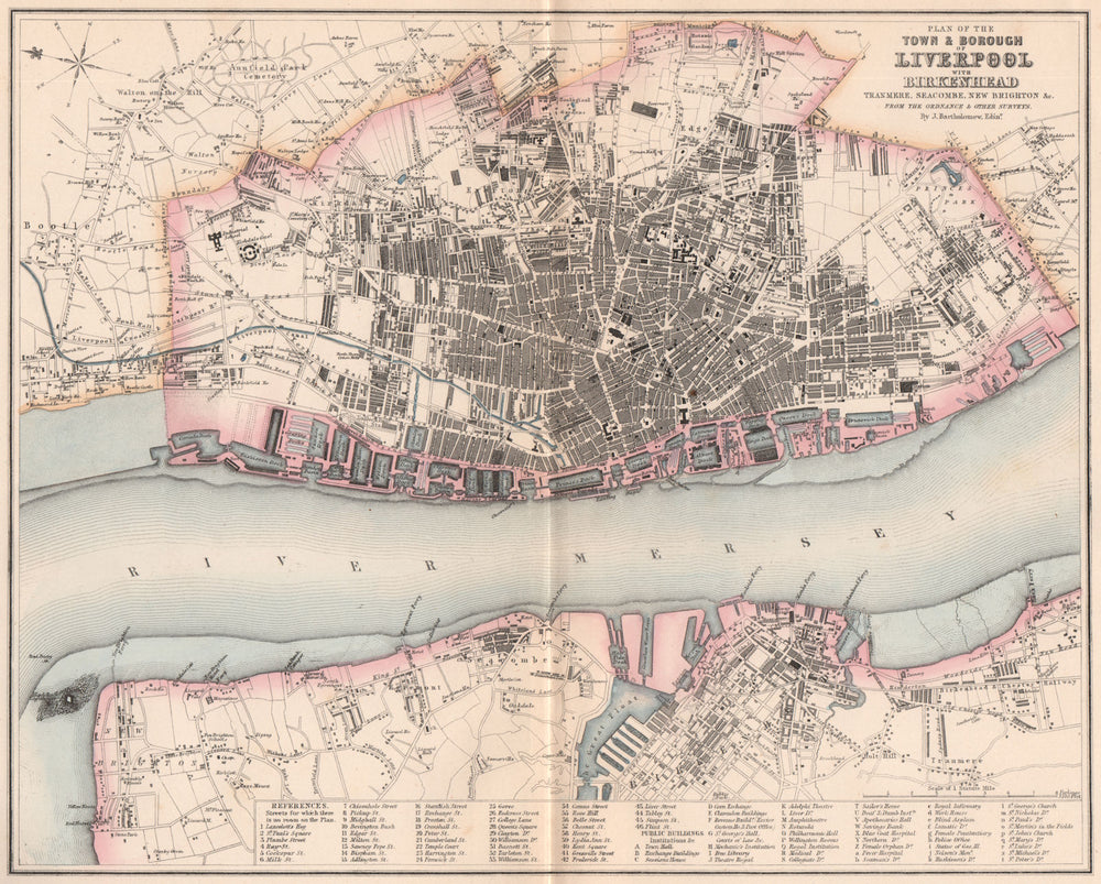 LIVERPOOL & BIRKENHEAD. Antique town city plan. Merseyside. BARTHOLOMEW 1865 map