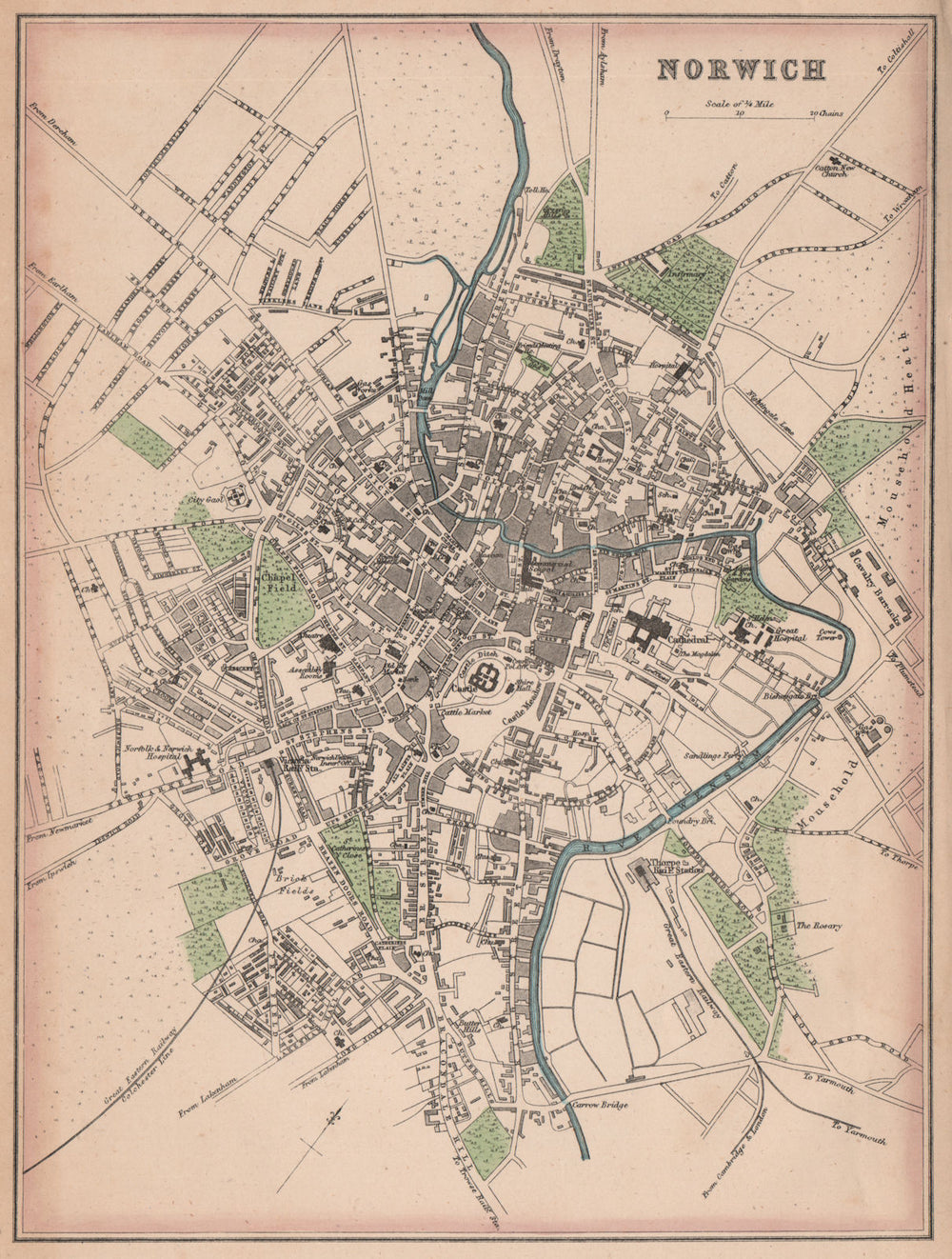 NORWICH. Antique town city plan. Norfolk. BARTHOLOMEW 1865 old map