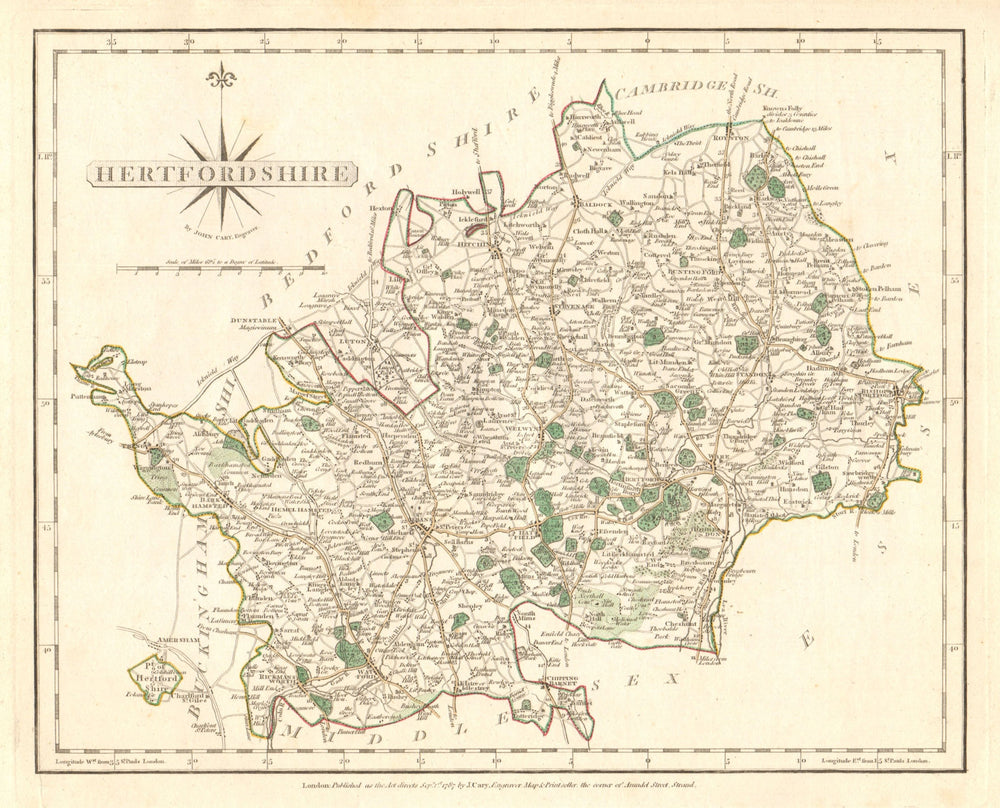 Antique county map of HERTFORDSHIRE by JOHN CARY. Original outline colour 1787