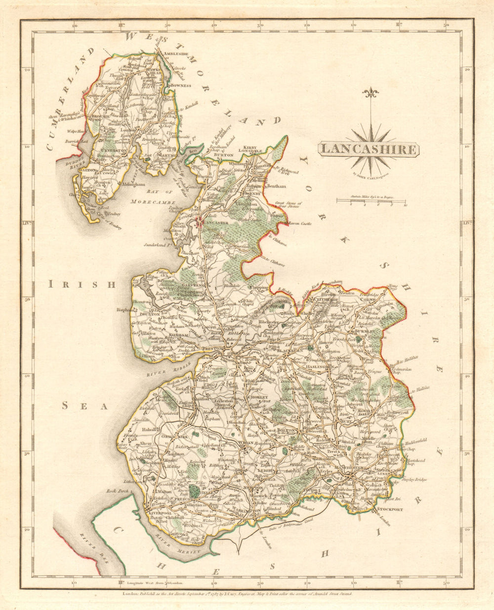 Antique county map of LANCASHIRE by JOHN CARY. Original outline colour 1787