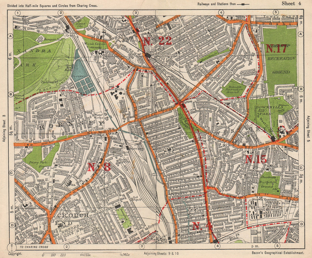 N LONDON. Hornsey Wood Green Crouch End Harringay Noel Park. BACON 1938 map