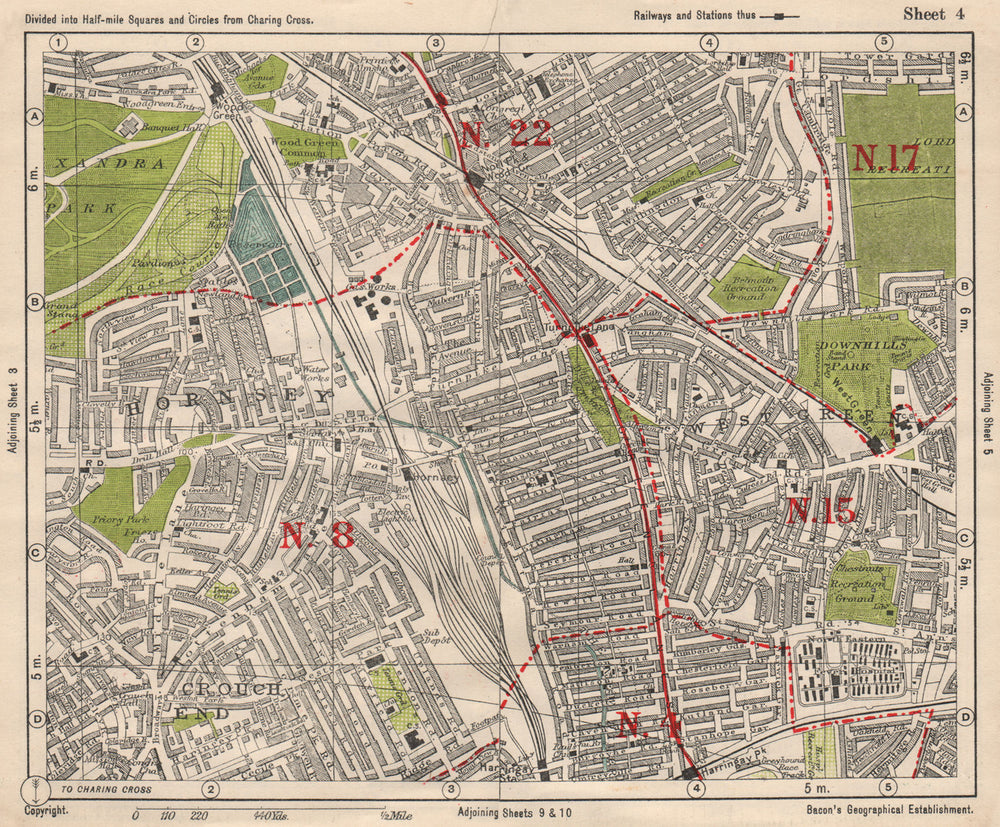 N LONDON. Hornsey Wood Green Crouch End Harringay Noel Park. BACON 1933 map