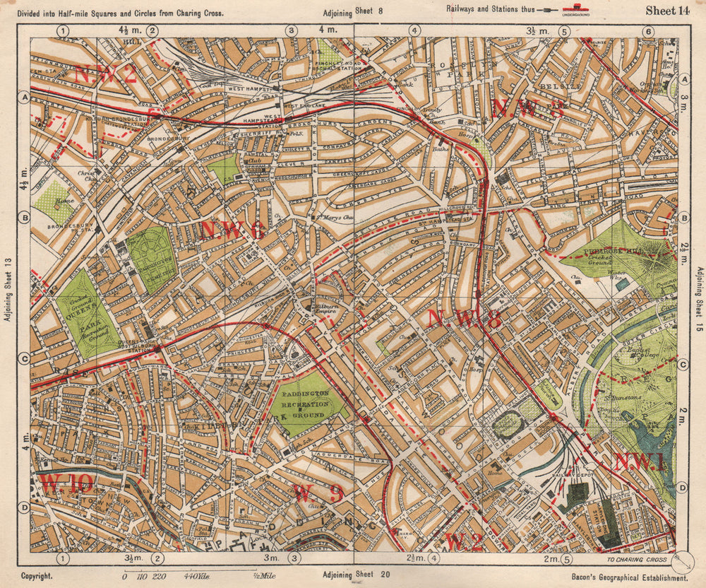 NW LONDON. St John's Wood Belsize Park Maida Vale Queens Park. BACON 1933 map