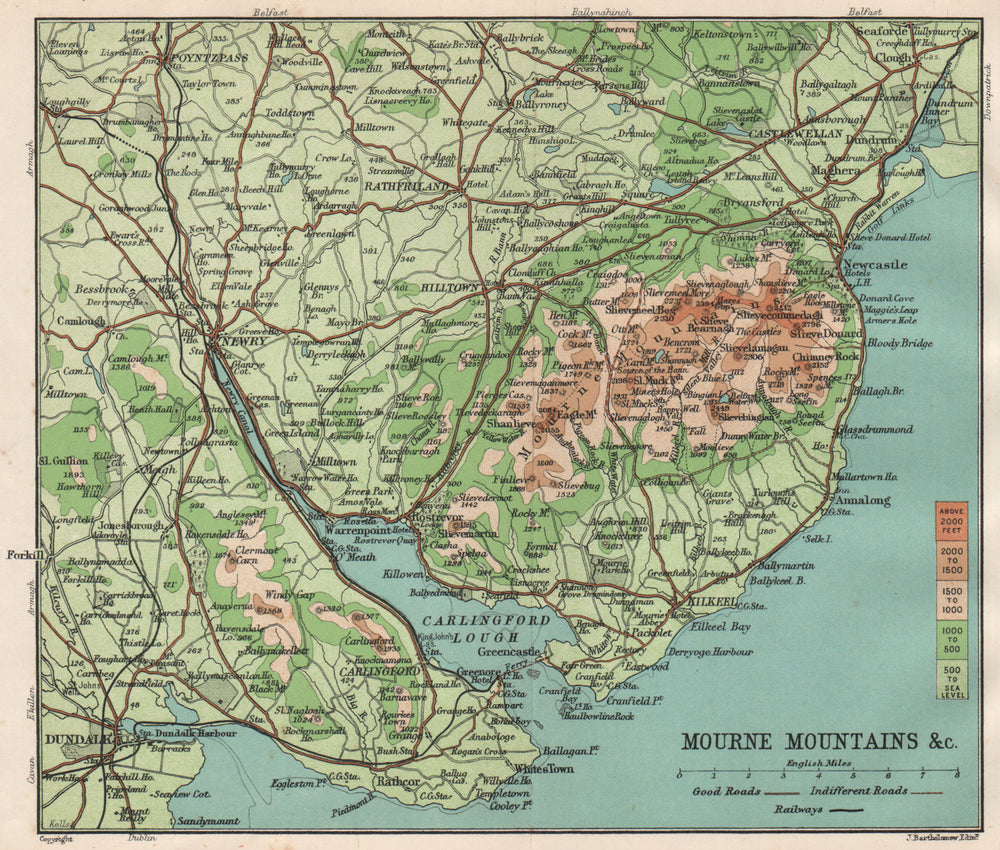 MOURNE MOUNTAINS. County Down. Carlingford Lough. Dundalk. Ulster 1902 old map