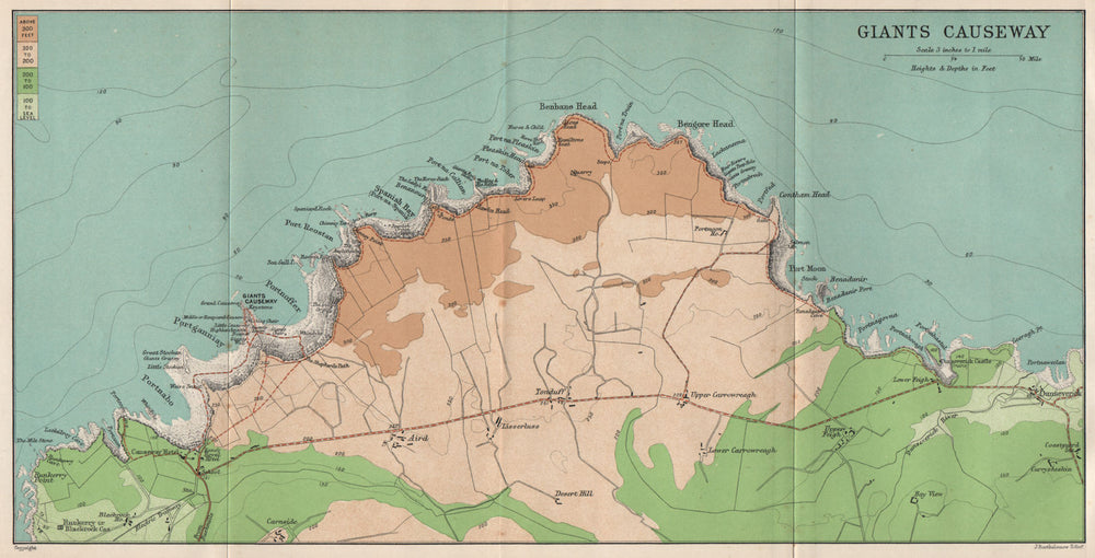 GIANTS CAUSEWAY. Showing key features. Vintage map. Ulster. Antrim 1902