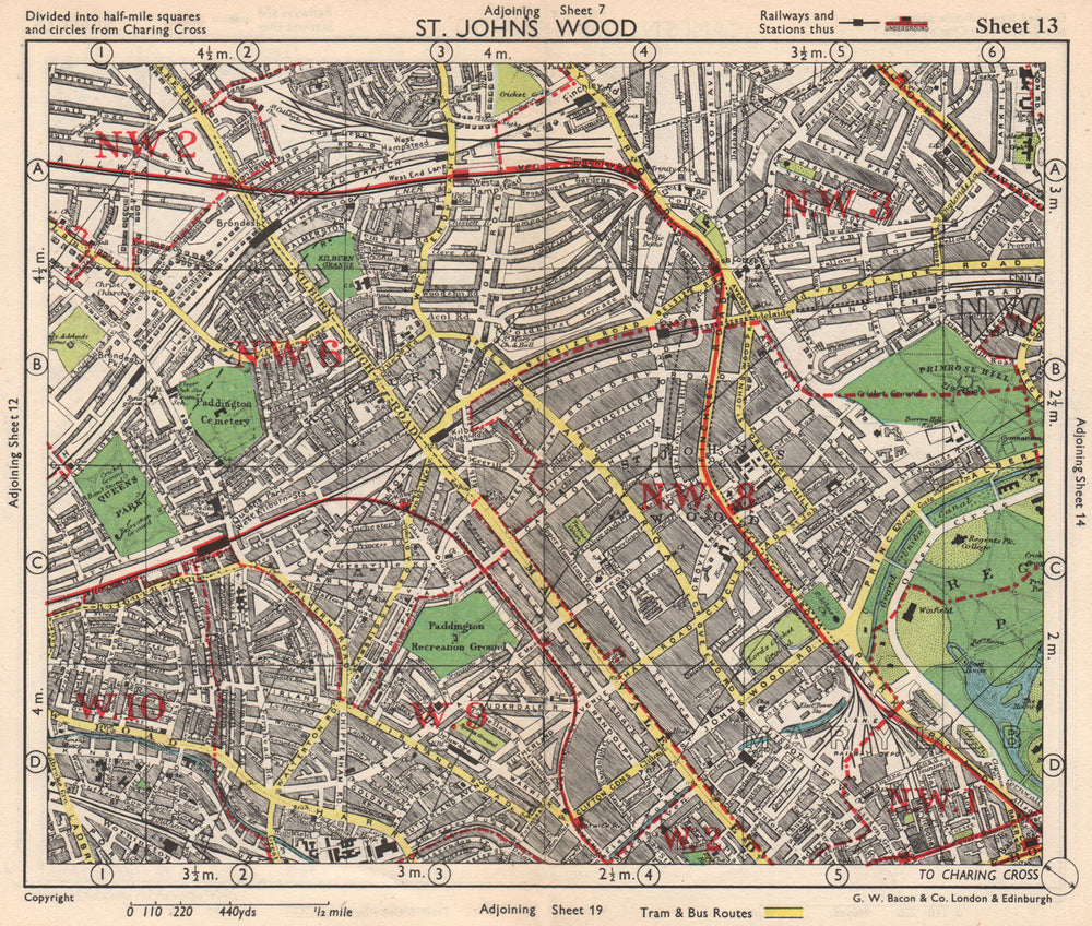 NW LONDON. St John's Wood Belsize Park Maida Vale Queens Park. BACON 1948 map