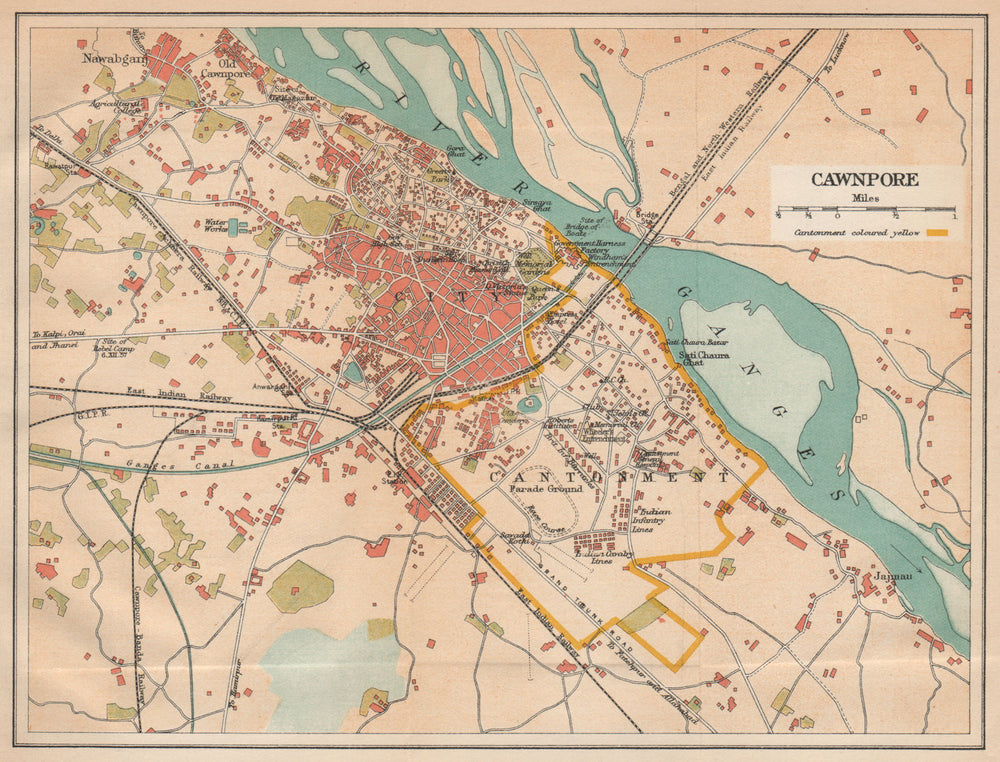 BRITISH INDIA. Cawnpore (Kanpur) city plan showing cantonment 1929 old map