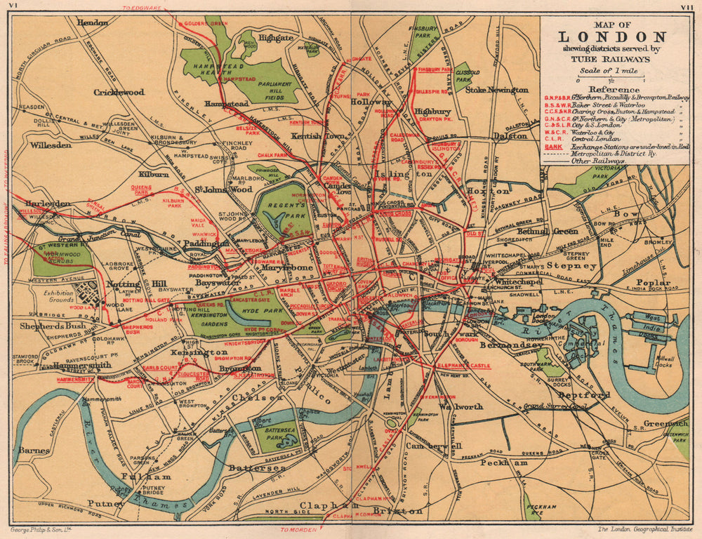 LONDON UNDERGROUND. Vintage tube & railway map w/ original line names 1932