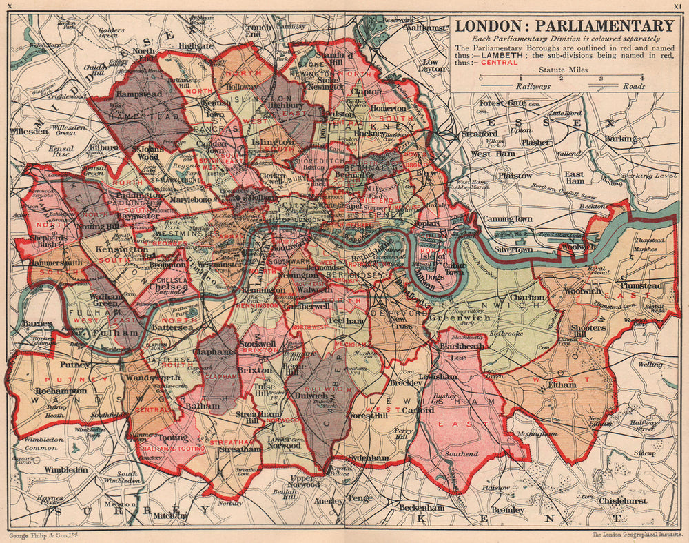 LONDON PARLIAMENTARY boroughs & constituencies. Subdivisions/seats 1932 map