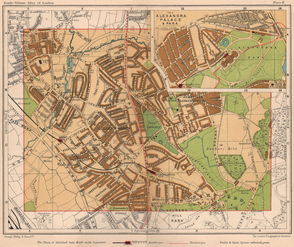 N LONDON Golders Green Hendon Alexandra Palace Hampstead Garden Suburb 1932 map