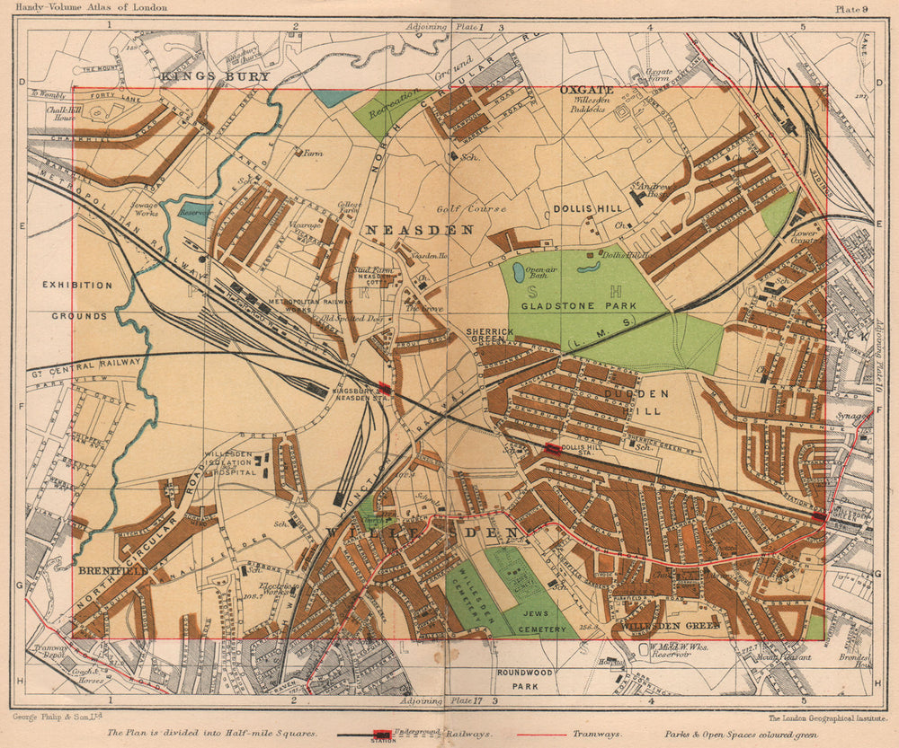 NW LONDON. Neasden Dollis Hill Kingsbury Willesden Green Brentfield 1932 map