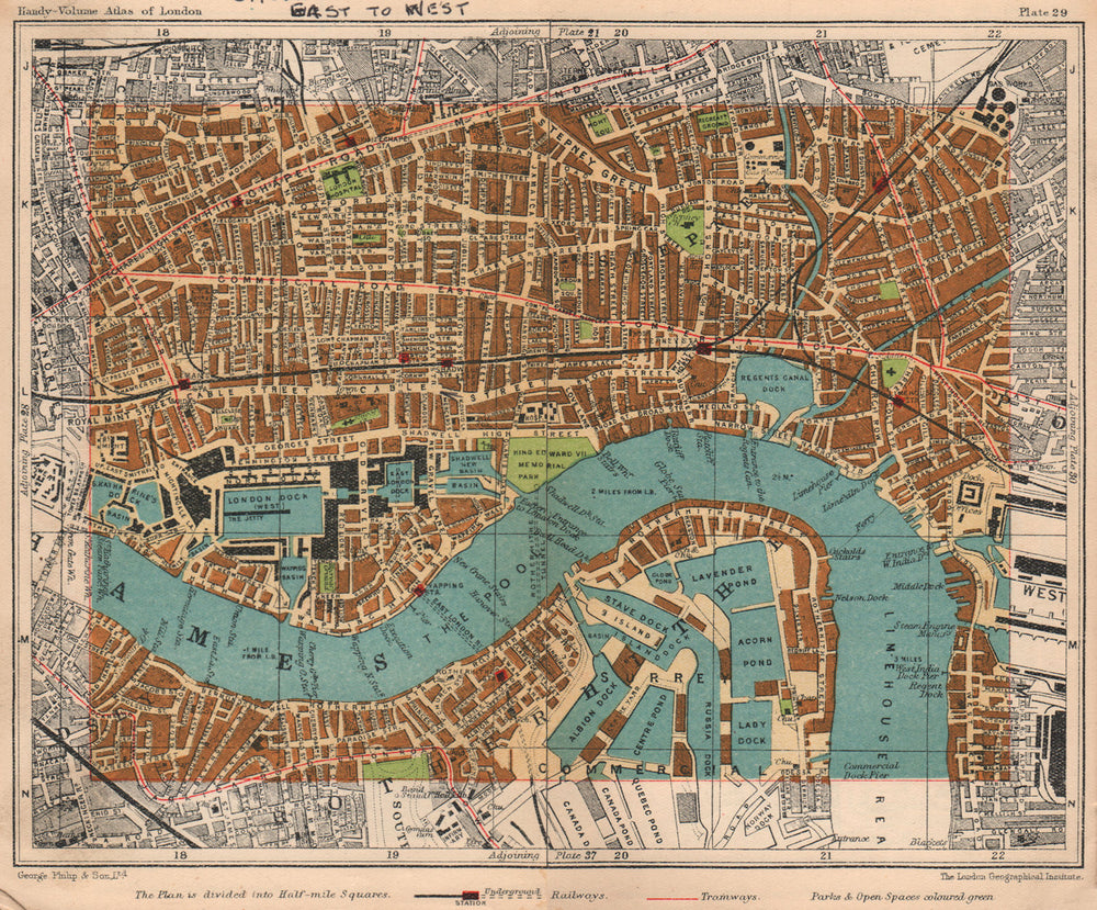 E LONDON Stepney Rotherhithe Surrey Docks Wapping Shadwell Whitechapel 1932 map