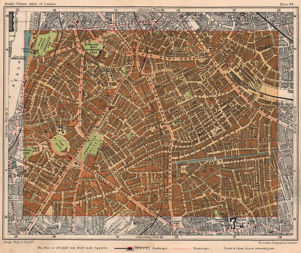S LONDON. Newington Camberwell Oval Walworth Lambeth Kennington 1932 old map