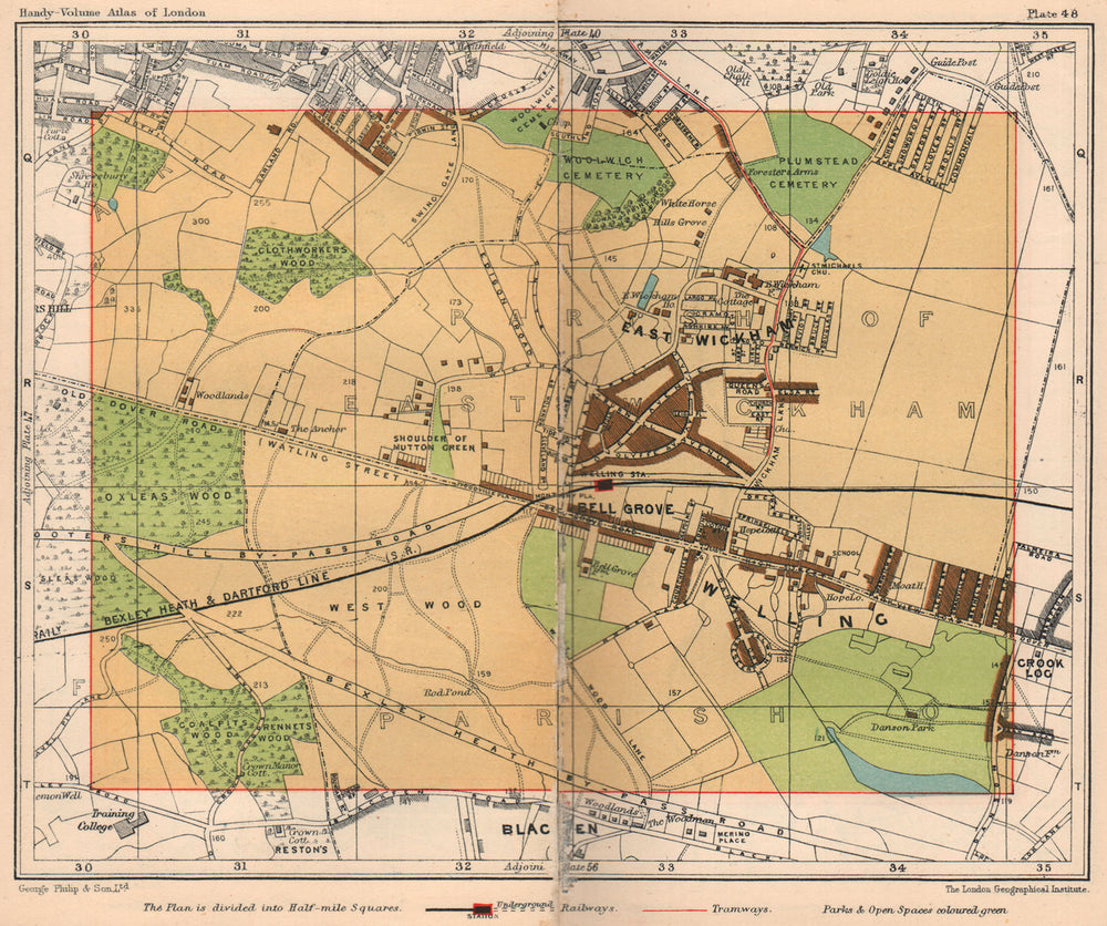 SE LONDON. East Wickham Bell Grove Welling Plumstead Bexley Black Fen 1932 map
