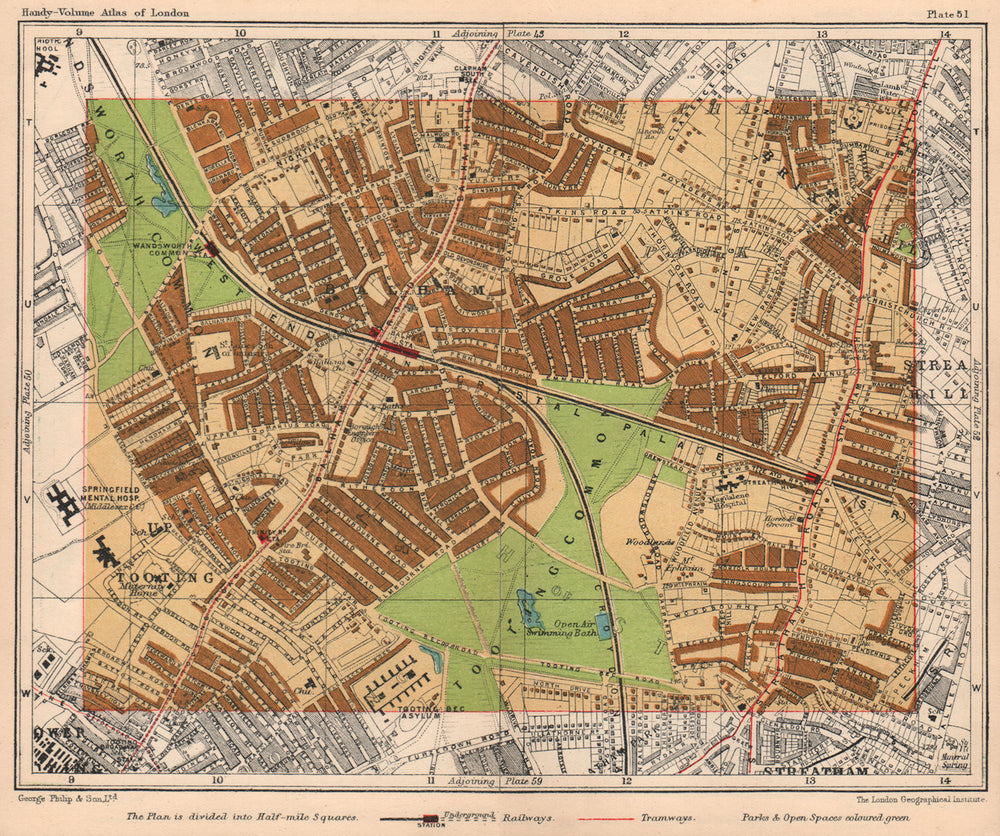 SW LONDON Balham Wandsworth Common Tooting Streatham Hill Brixton Hill 1932 map