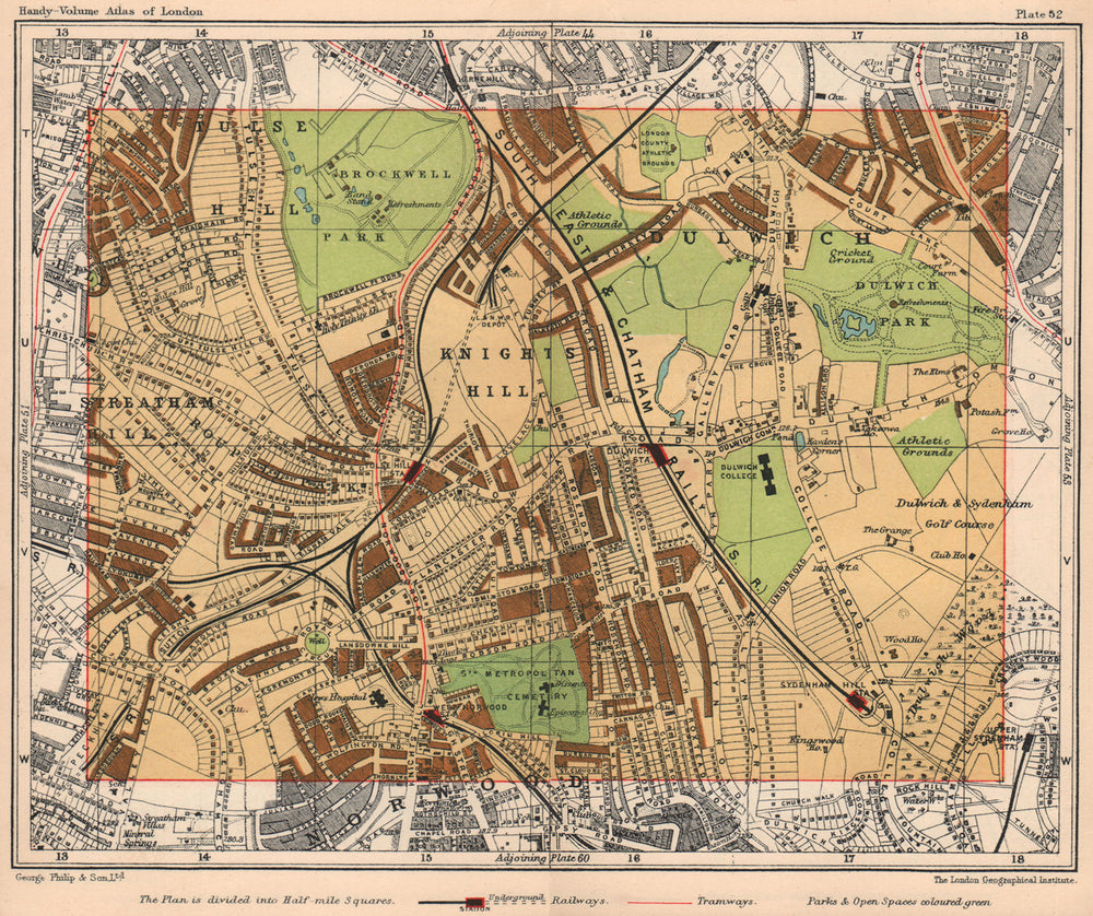 S LONDON. Dulwich Streatham / Tulse Hill Norwood Knights Hill Sydenham 1932 map