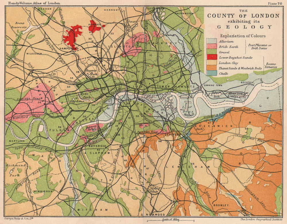 LONDON GEOLOGY. Alluvium Brick Gravel Clay Chalk Bagshot/Thanet sands 1932 map
